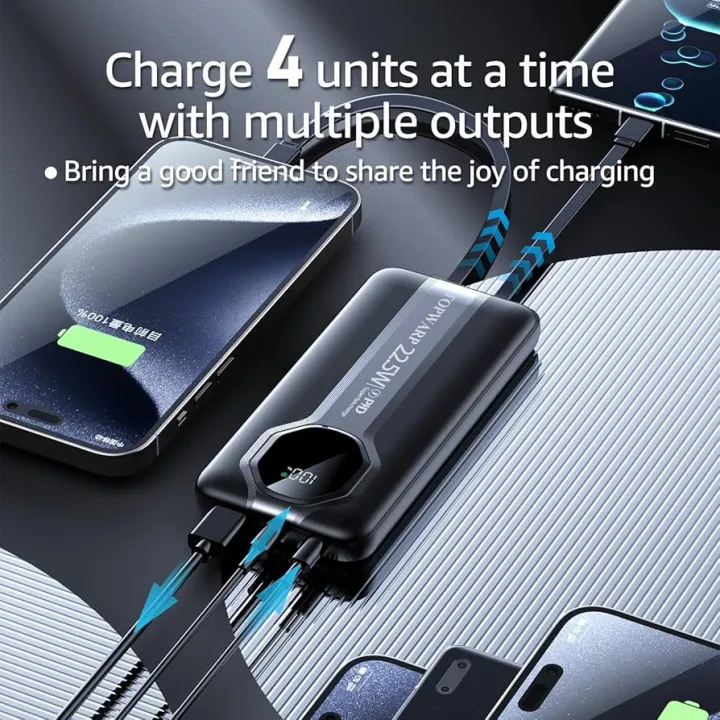 22.5W Fast Charging 20000mAh Power Bank with Built-in Type-C & Lightning Cables | Dual Input/Output | Slim LED Display | Universal Compatibility