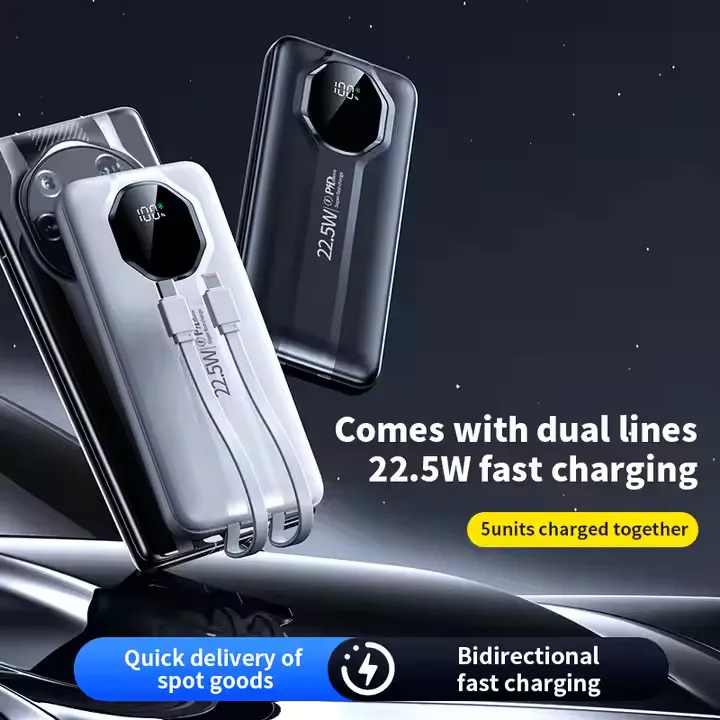 22.5W Fast Charging 20000mAh Power Bank with Built-in Type-C & Lightning Cables | Dual Input/Output | Slim LED Display | Universal Compatibility